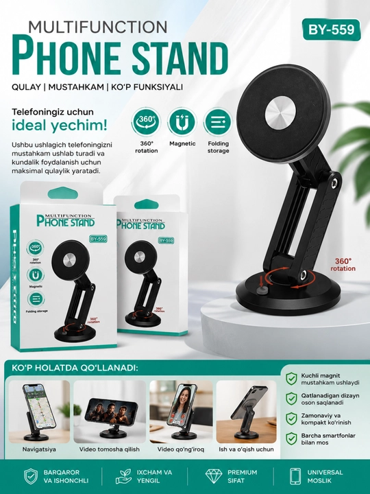 BY-559 telefon uchun yig‘iladigan, 360° ga buriladigan magnit tutqich - 