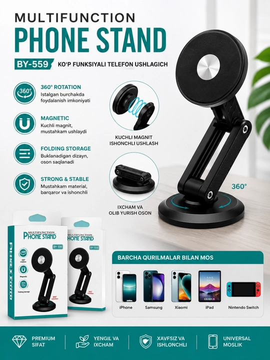 BY-559 telefon uchun yig‘iladigan, 360° ga buriladigan magnit tutqich