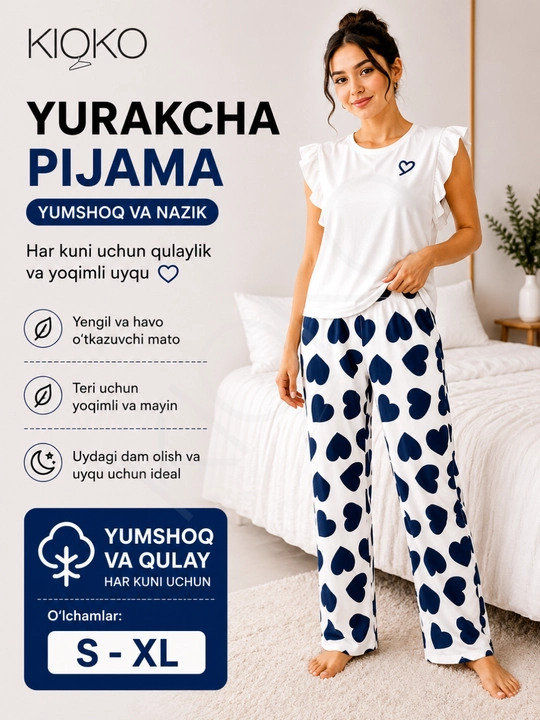 Ayollar pijamasi Kioko, ayollar uchun ikki qismli pijama, uy kiyimi, ayollar uy kostyumi - 
