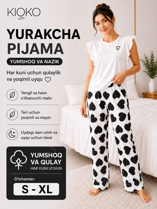 Ayollar pijamasi Kioko, ayollar uchun ikki qismli pijama, uy kiyimi, ayollar uy kostyumi - 