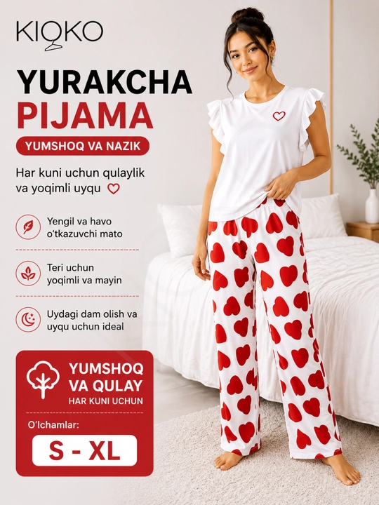Ayollar pijamasi Kioko, ayollar uchun ikki qismli pijama, uy kiyimi, ayollar uy kostyumi - 