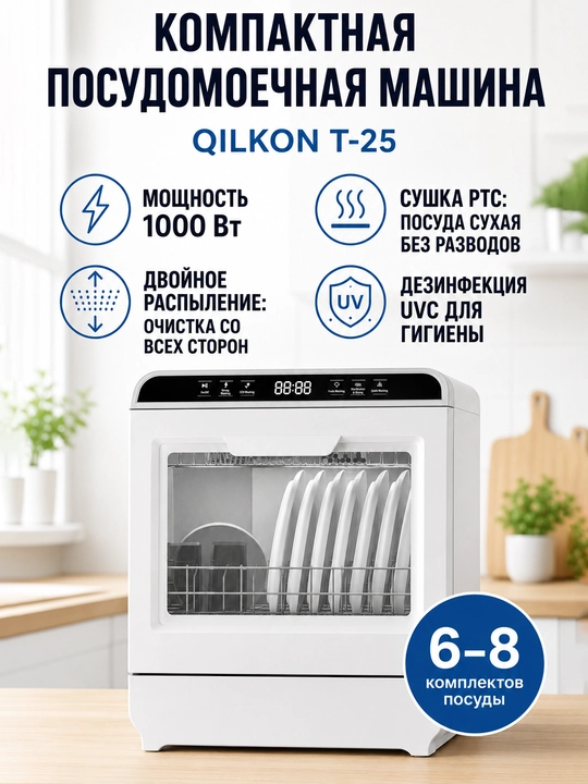 Компактная посудомоечная машина QiLKON T-25 на 6-8 комплектов посуды, с дисплеeм и УФ-сушкой - 