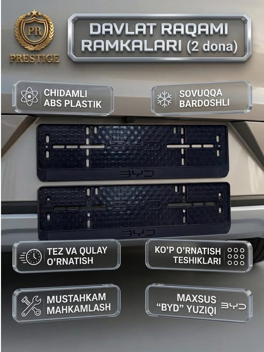 BYD avtomobillari uchun davlat raqami ramkasi podnomer, 2 dona, shovqinni kamaytiruvchi - 