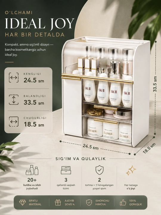 Organayzer LuxeBox shaffof qopqoqli tortmali kosmetika saqlagich - 