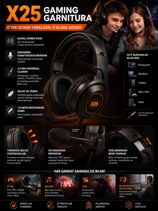 X25 gaming quloqchin, mikrofonli simli garnitura, kompyuter va telefon uchun