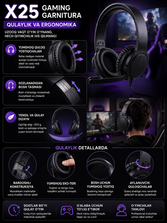 X25 gaming quloqchin, mikrofonli simli garnitura, kompyuter va telefon uchun