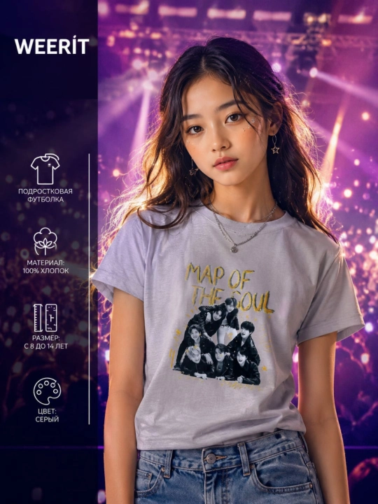 Подростковая футболка WEERIT BTS 100% хлопок с принтом K-POP для девочек 8–14 лет - 
