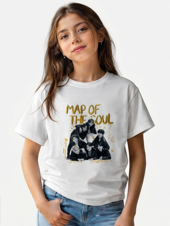 WEERIT BTS 8-14 yoshli qizlar uchun 100% paxta K-POP bosma futbolka