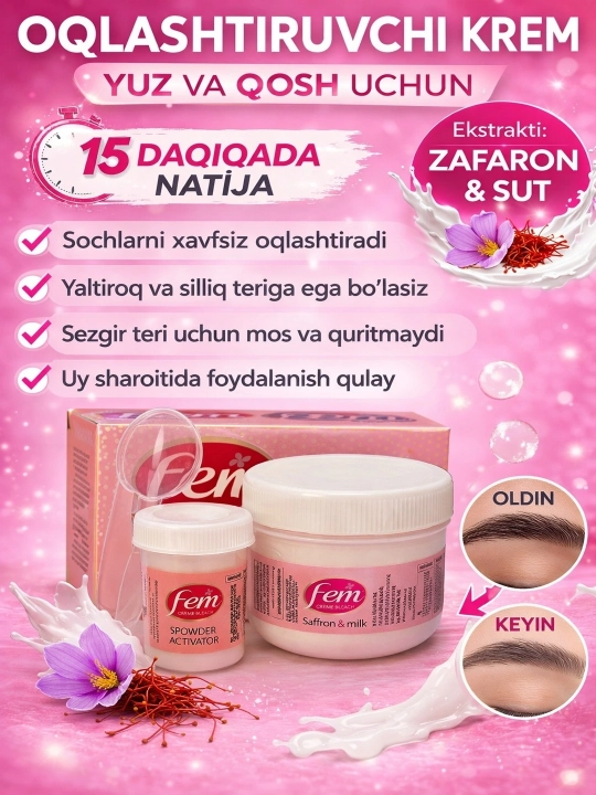 Осветляющий крем для лица и бровей Fem Saffron Milk против нежелательных волос 8 г и 40 г - 