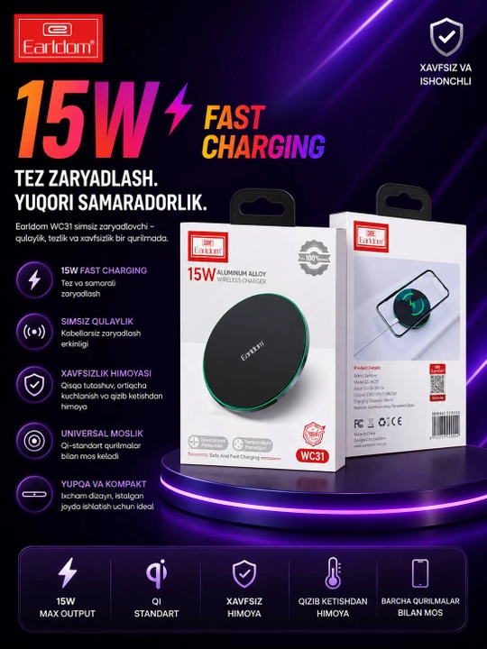 Earldom WC31 15W simsiz zaryadlovchi, Qi Wireless Charger - 