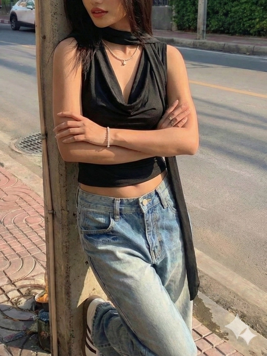 Ayollar uchun sharfli slim fit top,  y2k uslubidagi trend model
