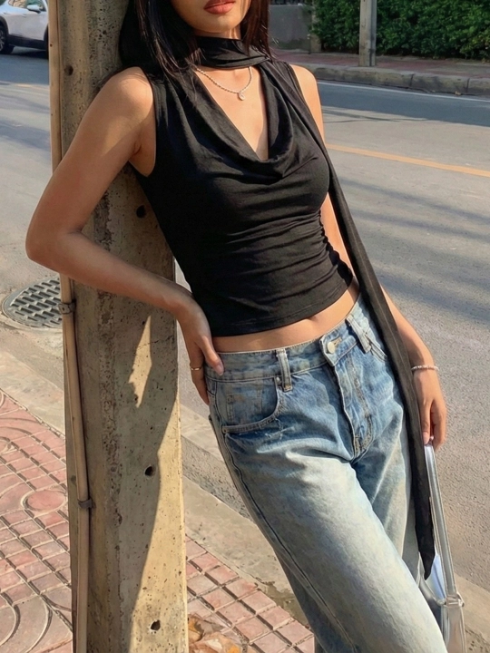 Ayollar uchun sharfli slim fit top,  y2k uslubidagi trend model