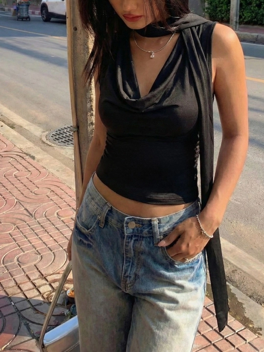 Ayollar uchun sharfli slim fit top,  y2k uslubidagi trend model