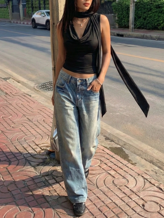 Ayollar uchun sharfli slim fit top,  y2k uslubidagi trend model