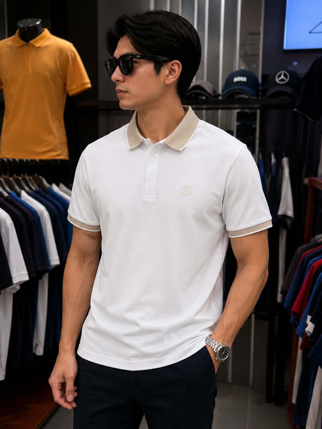Мужская футболка поло Premium, белая с бежевыми вставками (Classic Fit) - 