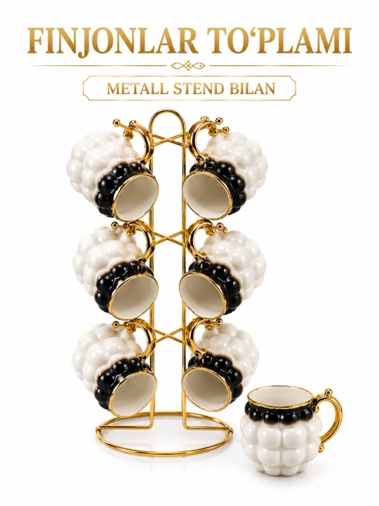Finjonlar to‘plami 6 dona metall stendli chashkalar nabori - 