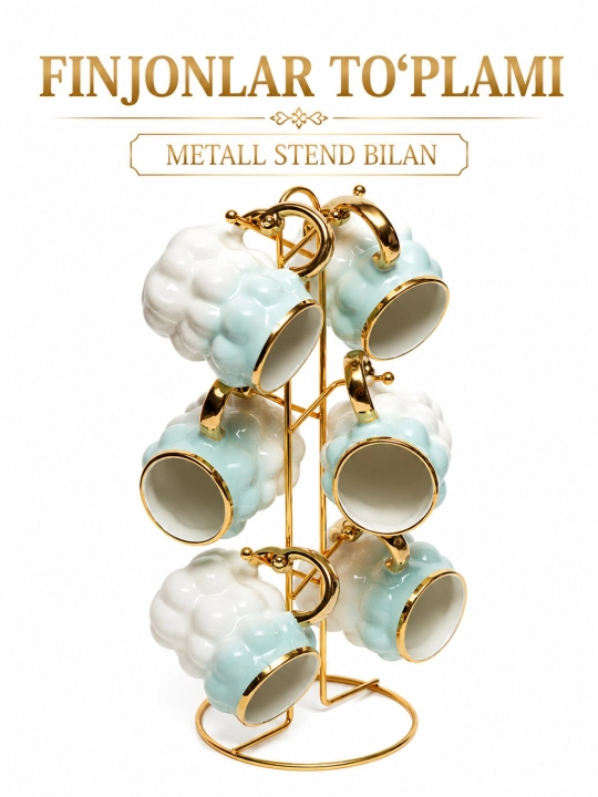 Finjonlar to‘plami 6 dona metall stendli chashkalar nabori - 