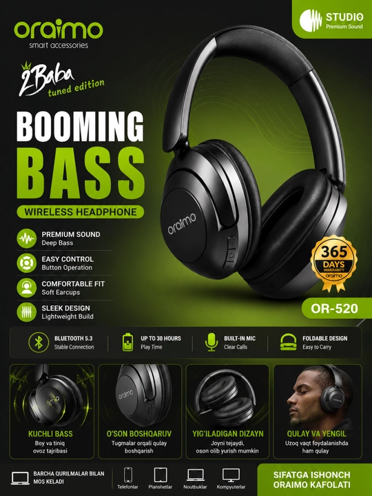 Oraimo OR-520 Wireless Headphones, Bluetooth 5.3, Kuchli Bass, Mikrofonli