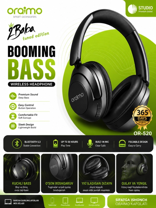 Oraimo OR-520 Wireless Headphones, Bluetooth 5.3, Kuchli Bass, Mikrofonli - 