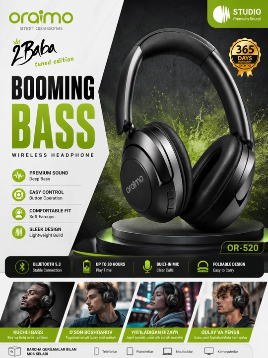 Oraimo OR-520 Wireless Headphones, Bluetooth 5.3, Kuchli Bass, Mikrofonli