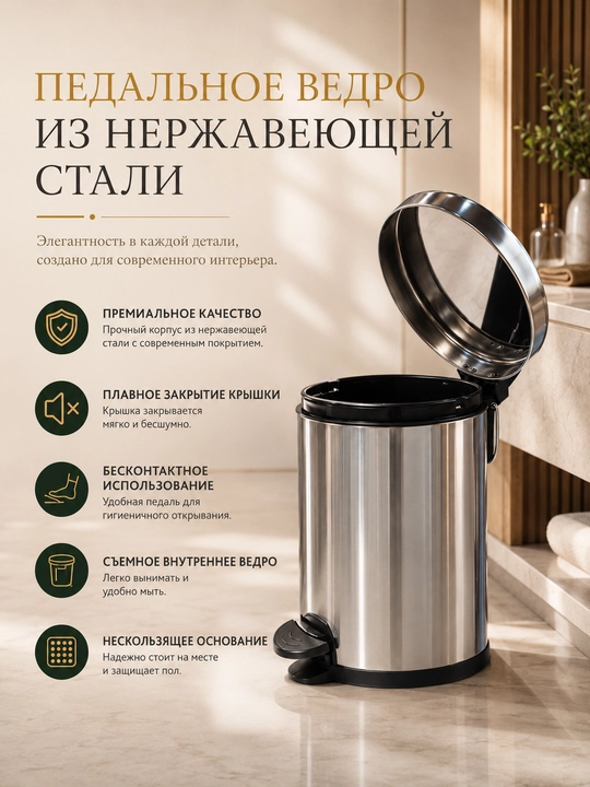 Мусорное ведро ALFA с педалью, нержавеющая сталь, 5 л, хром - 
