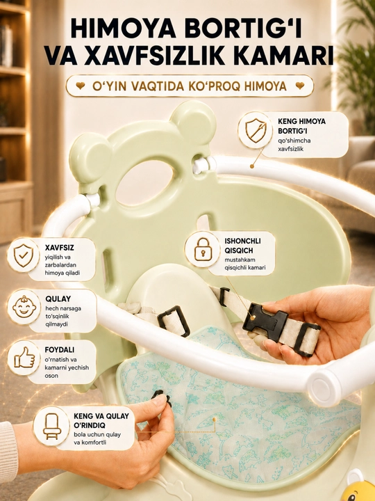 Dastakli va xavfsizlik kamarli 3 ta 1 da bolalar tebranma aravachasi, musiqiy tarjimon