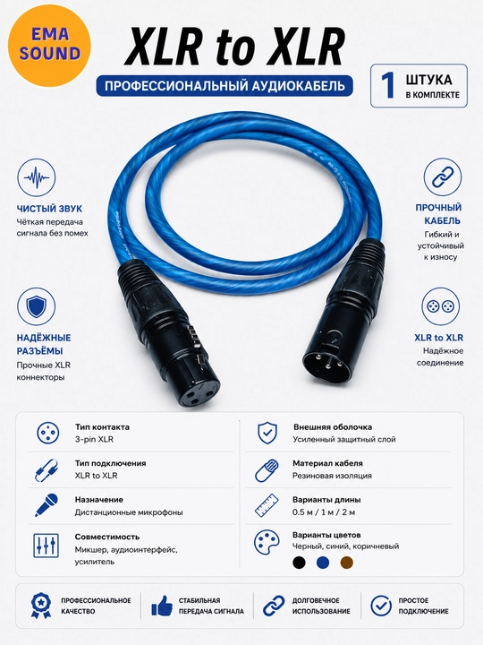 Кабель с разъемом XLR для усилителей, микшеров и музыкальных инструментов, 0,5 м, 1 м