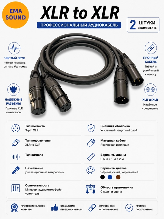 Кабель с разъемом XLR для усилителей, микшеров и музыкальных инструментов, 0,5 м, 1 м - 
