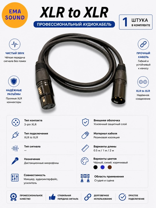 Кабель с разъемом XLR для усилителей, микшеров и музыкальных инструментов, 0,5 м, 1 м