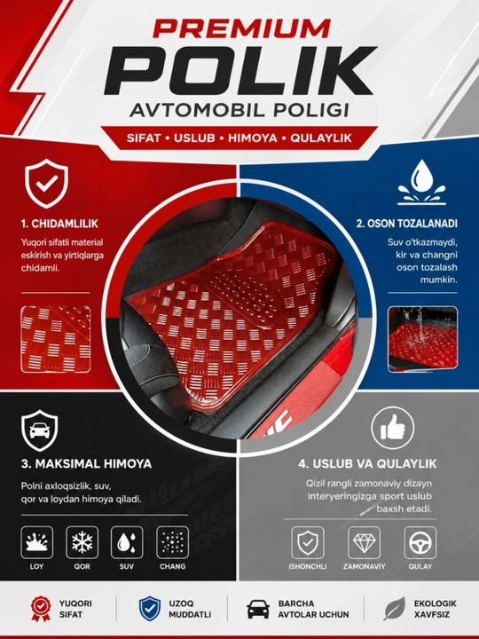 Chevrolet va inomarka avtomobillar uchun universal metalik poliklar, salon gilamlari