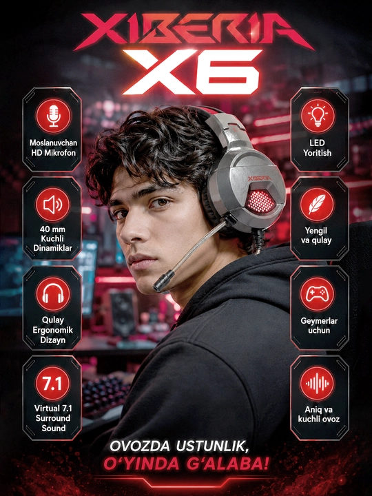 XIBERIA X6 - Geymerlar uchun quloqchinlar, mikrofonli garnitura, naushnik, RGB-yorigichli - 