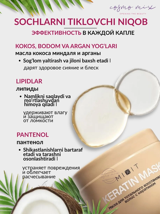 Keratinli tiklovchi soch niqobi, MIXIT "RE:START" Keratin Mask, 500 ml