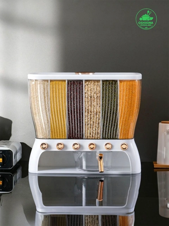 Guruch va mosh uchun idish, sochiluvchan mahsulotlar uchun dispenser