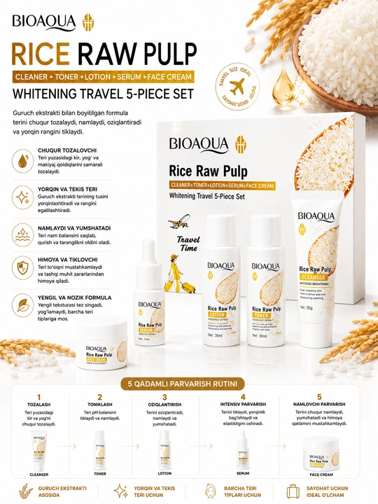 BIOAQUA Rice Raw Pulp Осветляющий и увлажняющий дорожный набор для ухода 5 предметов