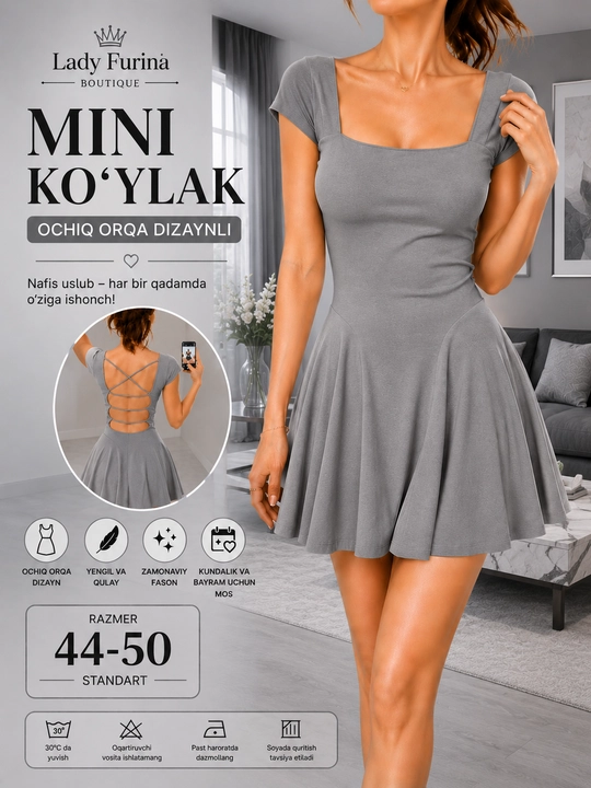 Ochiq orqa dizaynli mini ko‘ylak Lady Furina - 