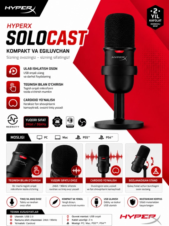 HyperX SoloCast USB Mikrofon, Hi-Res 24bit/96kHz, Stream va Podcast uchun