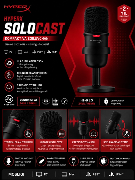 HyperX SoloCast USB Mikrofon, Hi-Res 24bit/96kHz, Stream va Podcast uchun