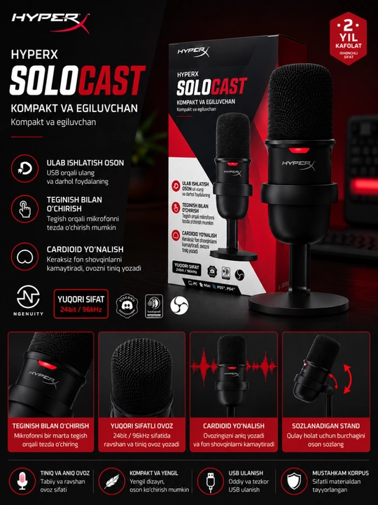 HyperX SoloCast USB Mikrofon, Hi-Res 24bit/96kHz, Stream va Podcast uchun - 