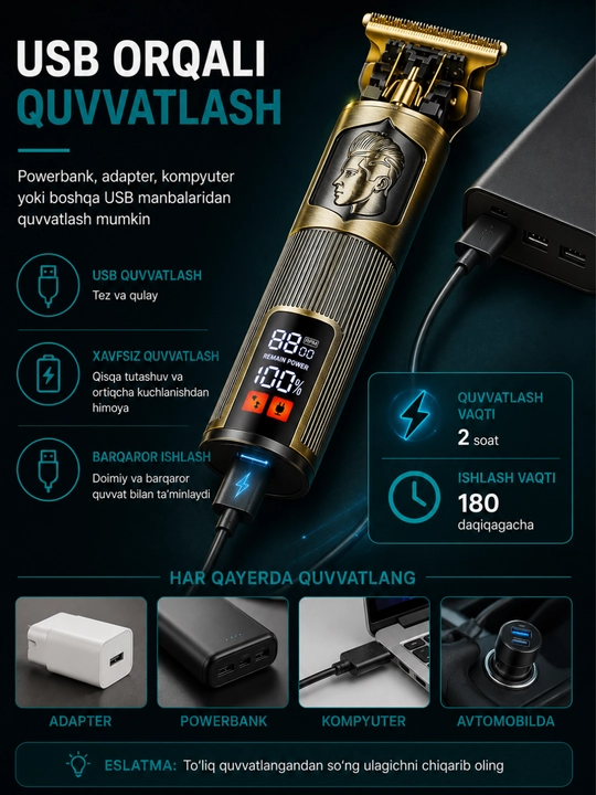 Машинка для стрижки волос и бороды BaByverse VS-7005, USB, LED-дисплей, 1200 мАч