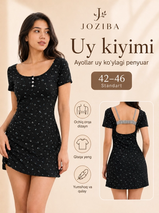 Uy kiyimi, ayollar uchun 42-46 o‘lchamdagi orqasi ochiq ko‘ylak-penyuar - 