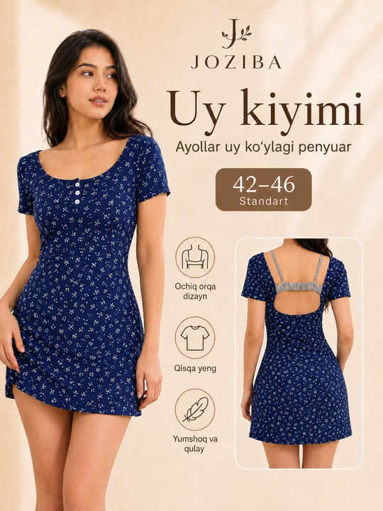 Uy kiyimi, ayollar uchun 42-46 o‘lchamdagi orqasi ochiq ko‘ylak-penyuar - 