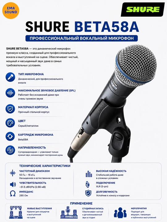 Shure Beta58a, профессиональный динамический микрофон - 