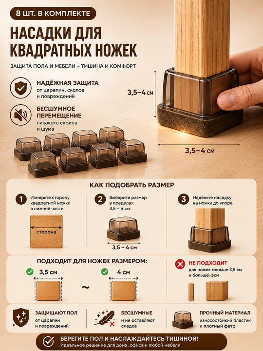 Защитные накладки для ножек стульев TPE с войлоком, антишумные, 8 шт