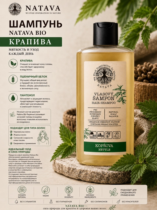 NATAVA sulfatsiz sochlar uchun shampun, qichitqi o'ti, 250 ml - 