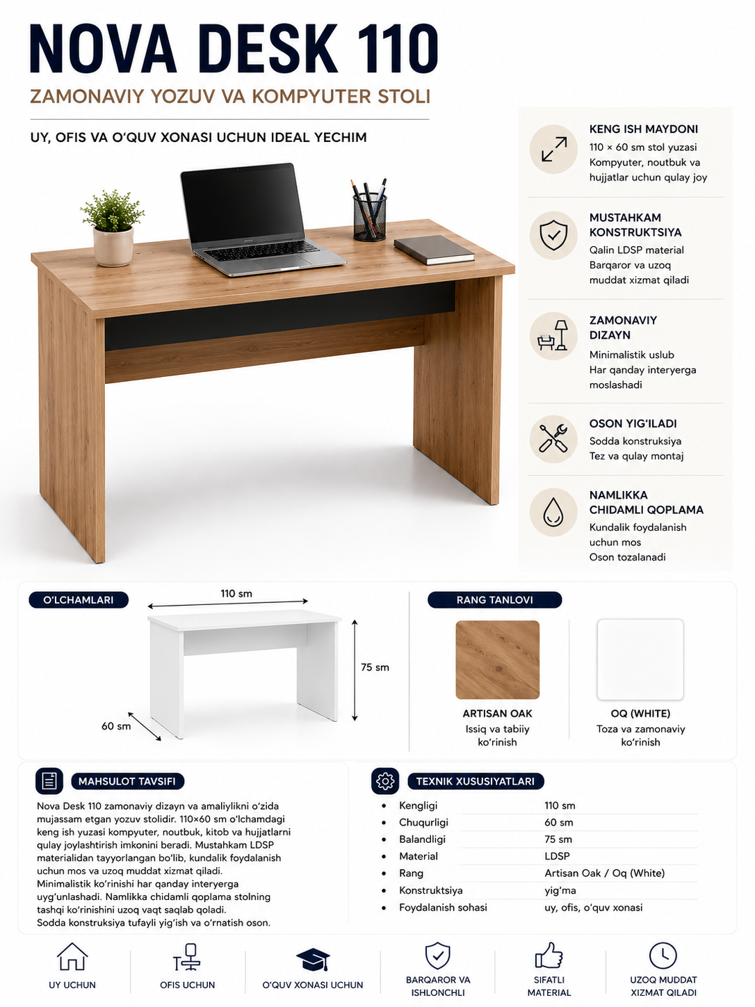 Nova Desk 110 – Современный письменный и компьютерный стол - 