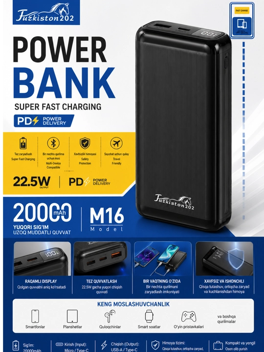 Turkiston202 M16 Power Bank 20000mAh, 22.5W Tezkor Zaryadlash, Raqamli Displey - 