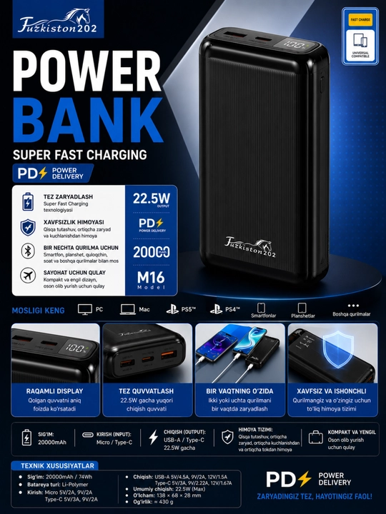 Turkiston202 M16 Power Bank 20000mAh, 22.5W Tezkor Zaryadlash, Raqamli Displey