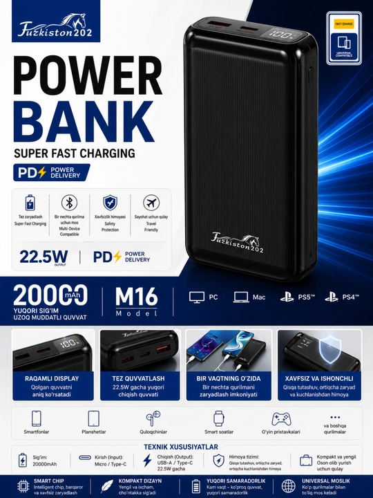 Turkiston202 M16 Power Bank 20000mAh, 22.5W Tezkor Zaryadlash, Raqamli Displey