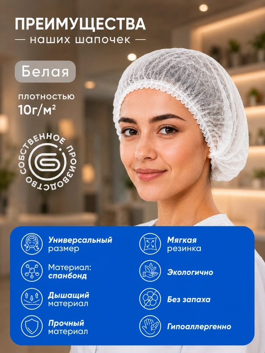 Одноразовые медицинские защитные шапочки «Шарлотта» — 50 шт