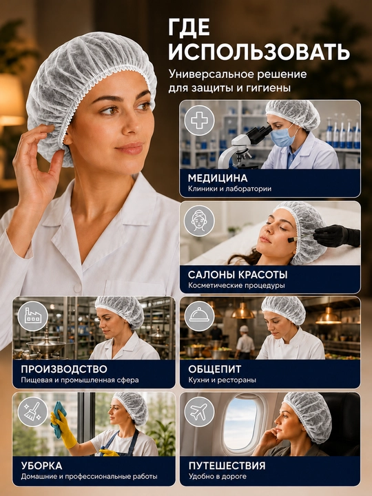 Одноразовые медицинские защитные шапочки «Шарлотта» — 50 шт